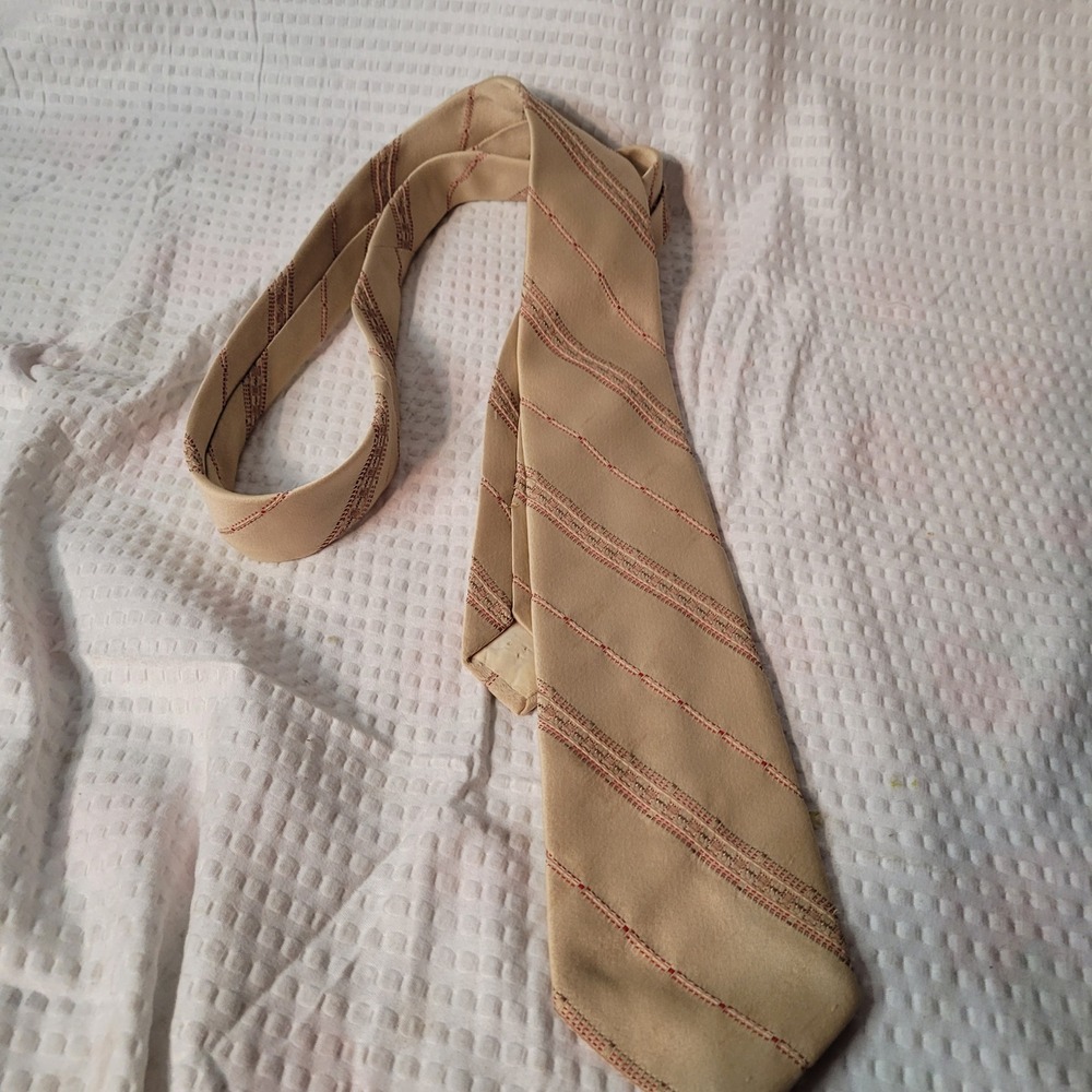 Vintage Sears Perma-Prest Fashion Collection Tan Red‎ Striped Wide Necktie Tie